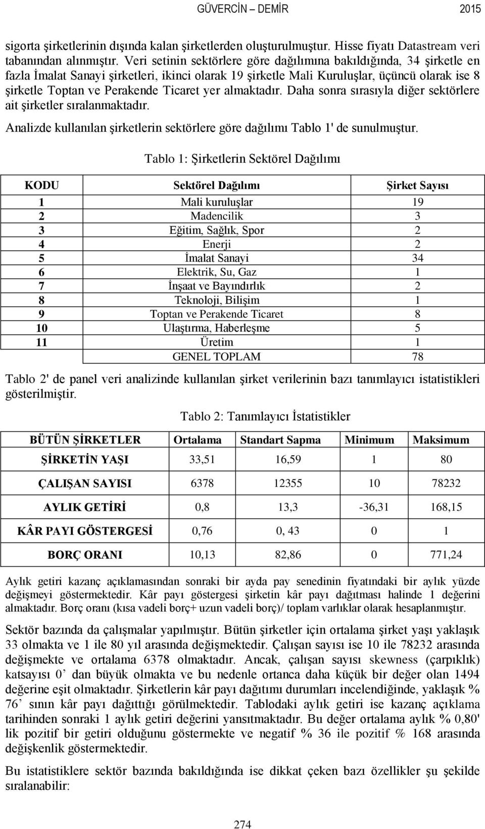 Ticaret yer almaktadır. Daha sonra sırasıyla diğer sektörlere ait şirketler sıralanmaktadır. Analizde kullanılan şirketlerin sektörlere göre dağılımı Tablo 1' de sunulmuştur.