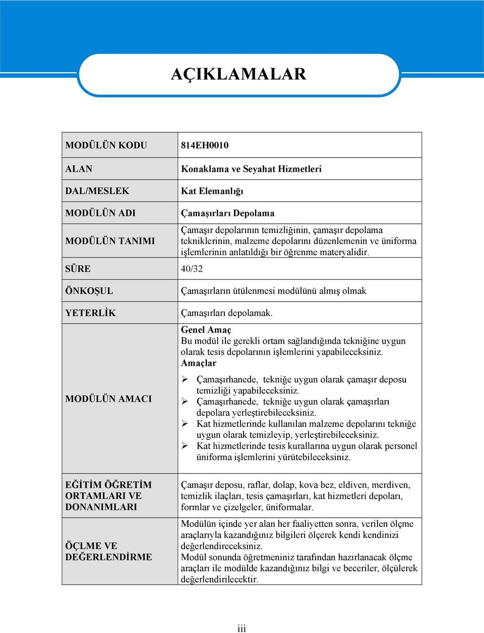 ÖNKOŞUL YETERLİK MODÜLÜN AMACI EĞİTİM ÖĞRETİM ORTAMLARI VE DONANIMLARI ÖÇLME VE DEĞERLENDİRME Çamaşırların ütülenmesi modülünü almış olmak Çamaşırları depolamak.