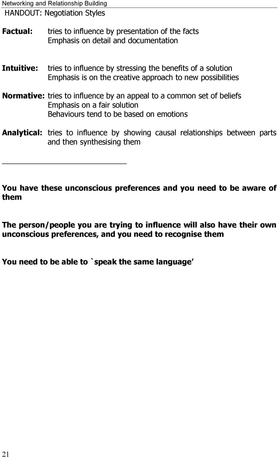 Behaviours tend to be based on emotions Analytical: tries to influence by showing causal relationships between parts and then synthesising them You have these unconscious preferences and you