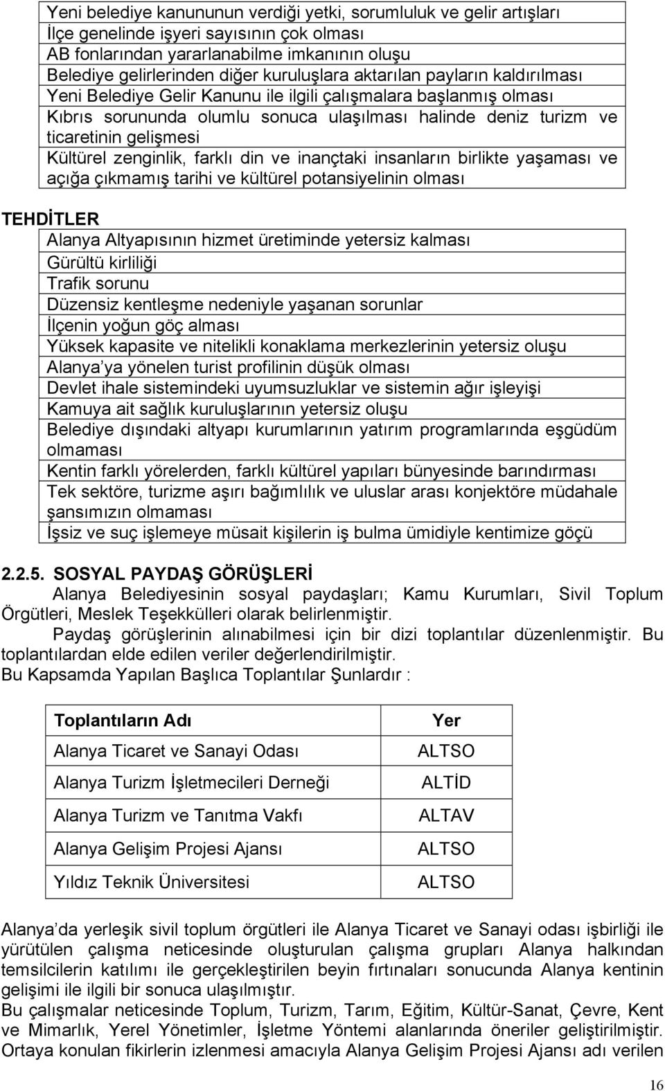 zenginlik, farklı din ve inançtaki insanların birlikte yaşaması ve açığa çıkmamış tarihi ve kültürel potansiyelinin olması TEHDİTLER Alanya Altyapısının hizmet üretiminde yetersiz kalması Gürültü