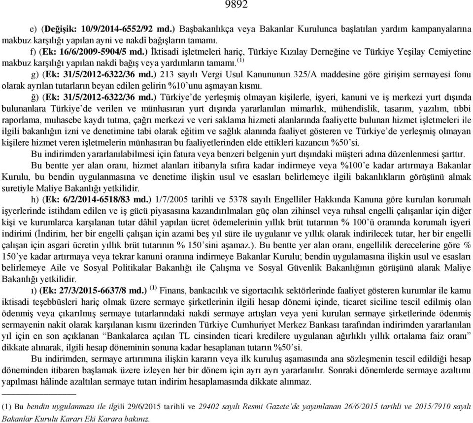 ) 213 sayılı Vergi Usul Kanununun 325/A maddesine göre girişim sermayesi fonu olarak ayrılan tutarların beyan edilen gelirin %10 unu aşmayan kısmı. ğ) (Ek: 31/5/2012-6322/36 md.