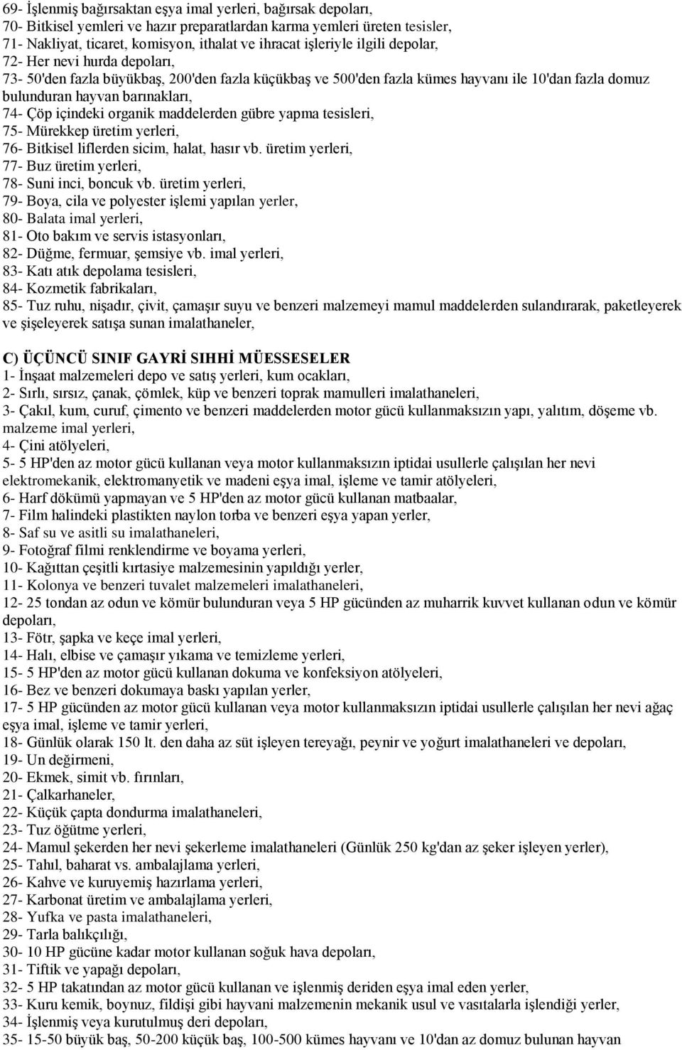 içindeki organik maddelerden gübre yapma tesisleri, 75- Mürekkep üretim yerleri, 76- Bitkisel liflerden sicim, halat, hasır vb. üretim yerleri, 77- Buz üretim yerleri, 78- Suni inci, boncuk vb.