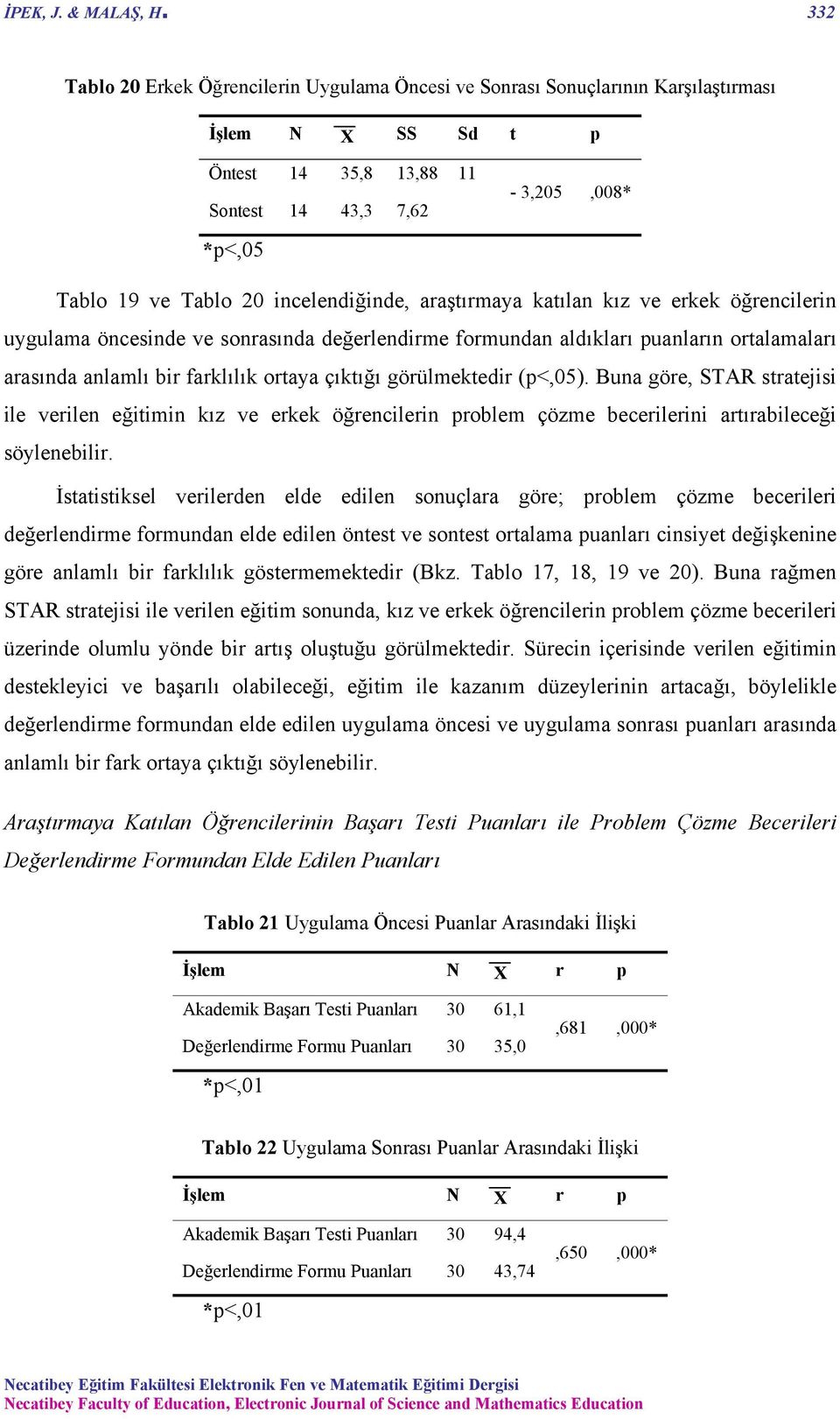 incelendiğinde, araştırmaya katılan kız ve erkek öğrencilerin uygulama öncesinde ve sonrasında değerlendirme formundan aldıkları puanların ortalamaları arasında anlamlı bir farklılık ortaya çıktığı