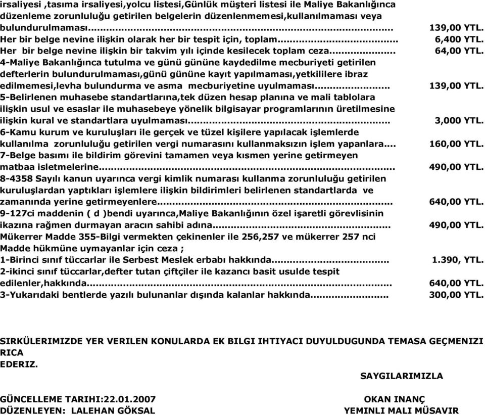 .. 4 Maliye Bakanlığınca tutulma ve günü gününe kaydedilme mecburiyeti getirilen defterlerin bulundurulmaması,günü gününe kayıt yapılmaması,yetkililere ibraz edilmemesi,levha bulundurma ve asma