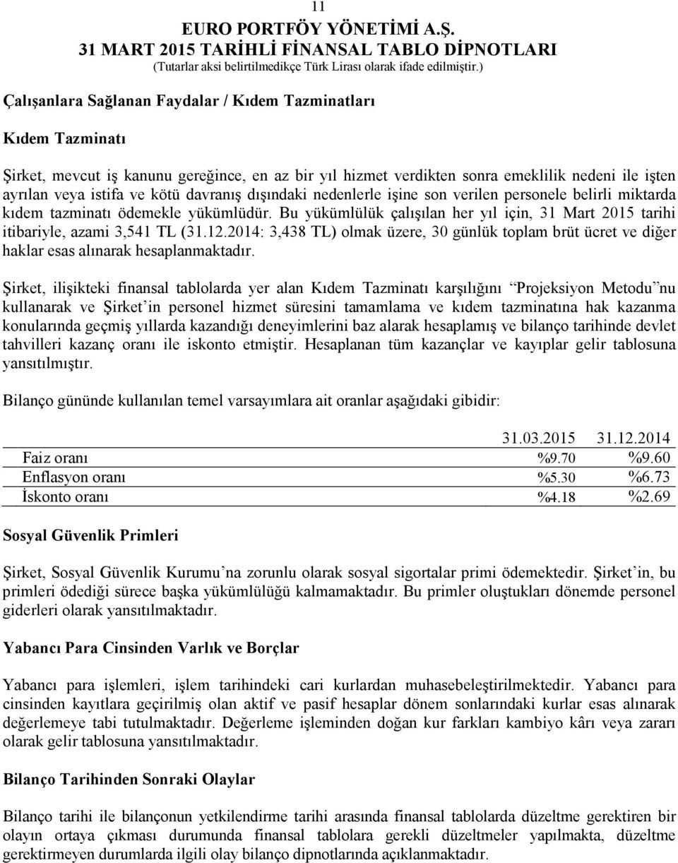 Bu yükümlülük çalışılan her yıl için, 31 Mart 2015 tarihi itibariyle, azami 3,541 TL (31.12.2014: 3,438 TL) olmak üzere, 30 günlük toplam brüt ücret ve diğer haklar esas alınarak hesaplanmaktadır.