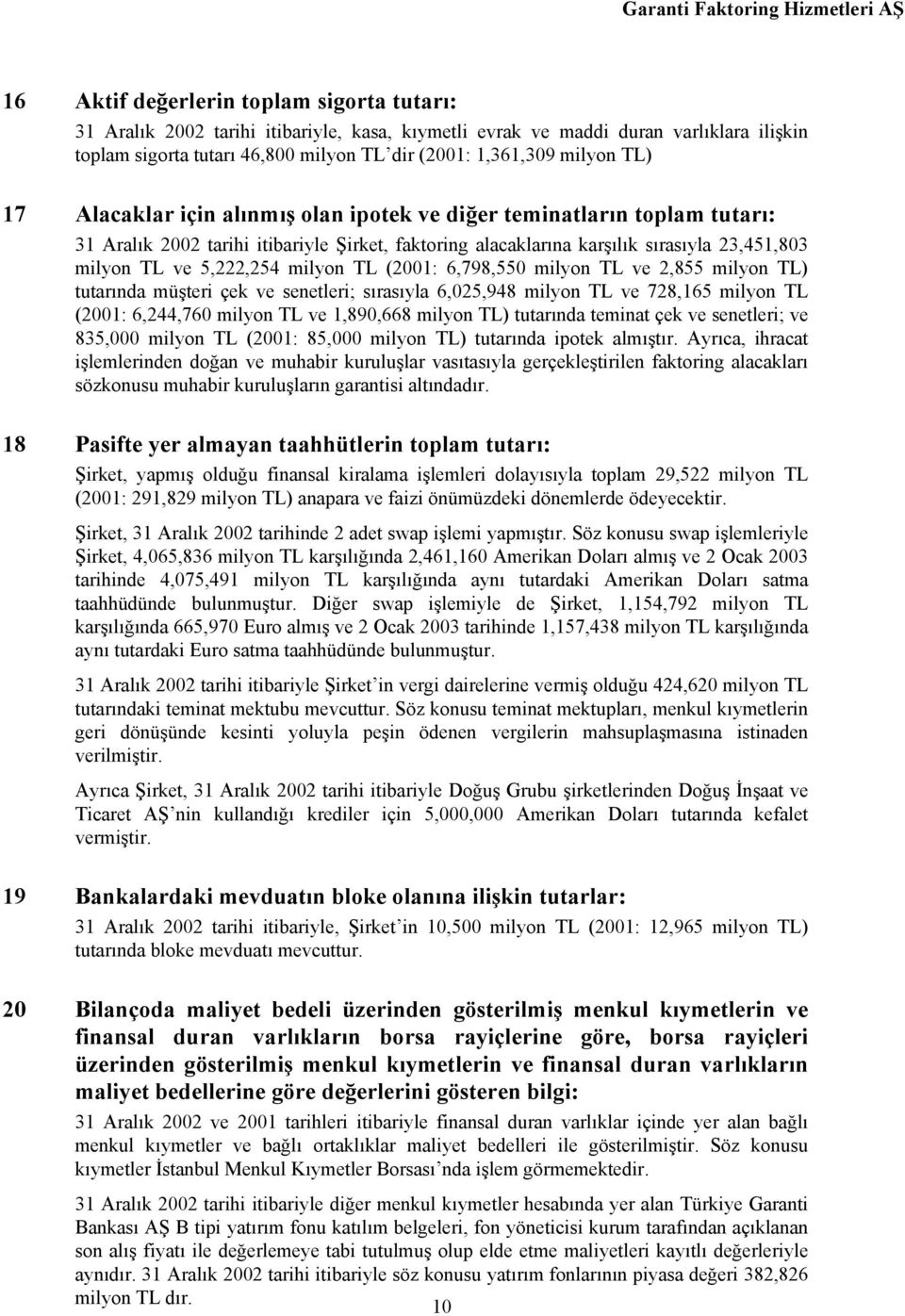 milyon TL (2001: 6,798,550 milyon TL ve 2,855 milyon TL) tutarında müşteri çek ve senetleri; sırasıyla 6,025,948 milyon TL ve 728,165 milyon TL (2001: 6,244,760 milyon TL ve 1,890,668 milyon TL)