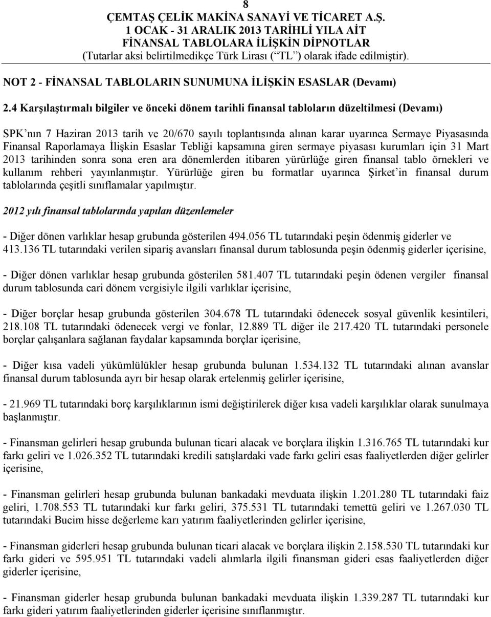 Finansal Raporlamaya İlişkin Esaslar Tebliği kapsamına giren sermaye piyasası kurumları için 31 Mart 2013 tarihinden sonra sona eren ara dönemlerden itibaren yürürlüğe giren finansal tablo örnekleri