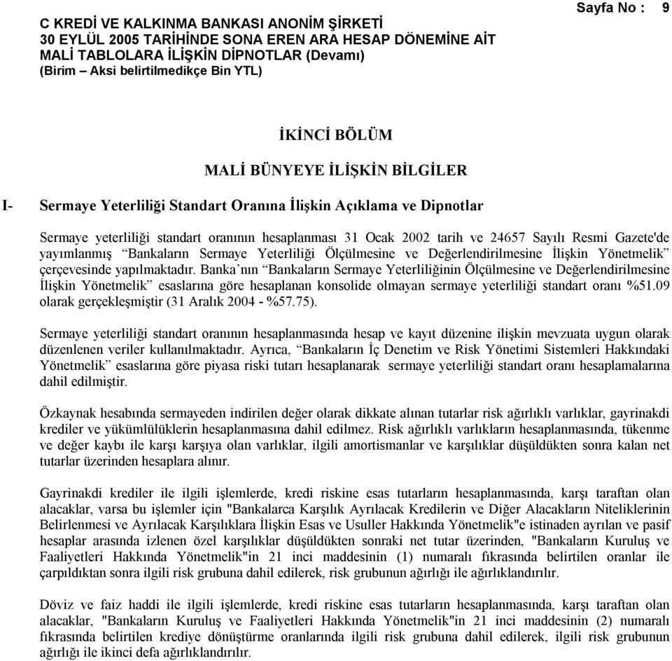 Banka nın Bankaların Sermaye Yeterliliğinin Ölçülmesine ve Değerlendirilmesine İlişkin Yönetmelik esaslarına göre hesaplanan konsolide olmayan sermaye yeterliliği standart oranı %51.