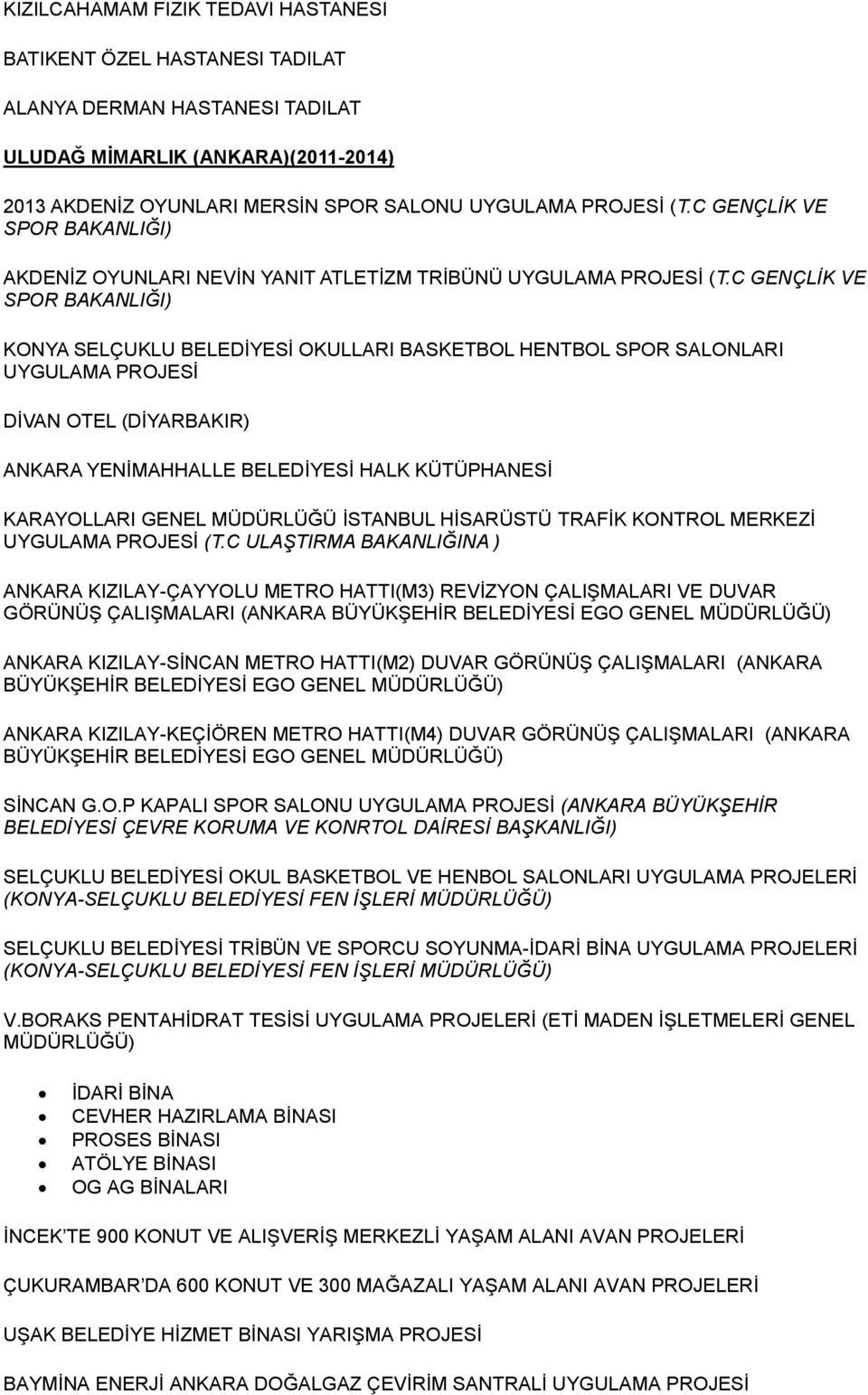 C GENÇLİK VE SPOR BAKANLIĞI) KONYA SELÇUKLU BELEDİYESİ OKULLARI BASKETBOL HENTBOL SPOR SALONLARI UYGULAMA PROJESİ DİVAN OTEL (DİYARBAKIR) ANKARA YENİMAHHALLE BELEDİYESİ HALK KÜTÜPHANESİ KARAYOLLARI