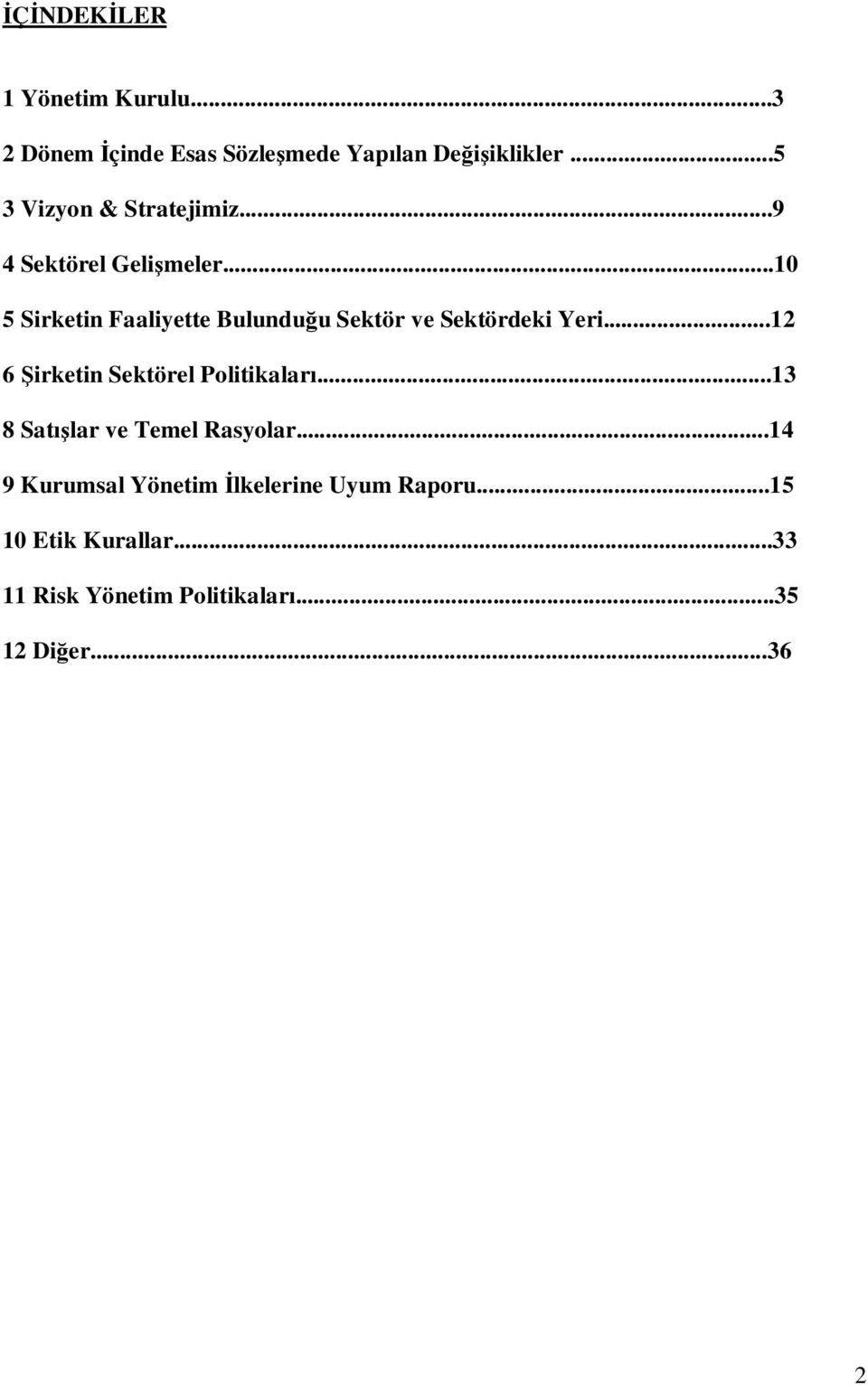 ..10 5 Sirketin Faaliyette Bulunduğu Sektör ve Sektördeki Yeri...12 6 Şirketin Sektörel Politikaları.