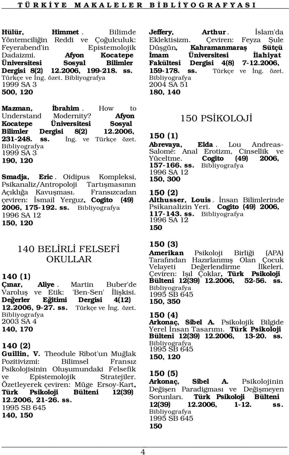 Türkçe ve ng. özet. 1999 SA 3 2004 SA 51 500, 120 180, 140 Mazman, brahim. How to Understand Modernity? Afyon Kocatepe Üniversitesi Sosyal Bilimler Dergisi 8(2) 12.2006, 231-248. ss. ng. ve Türkçe özet.