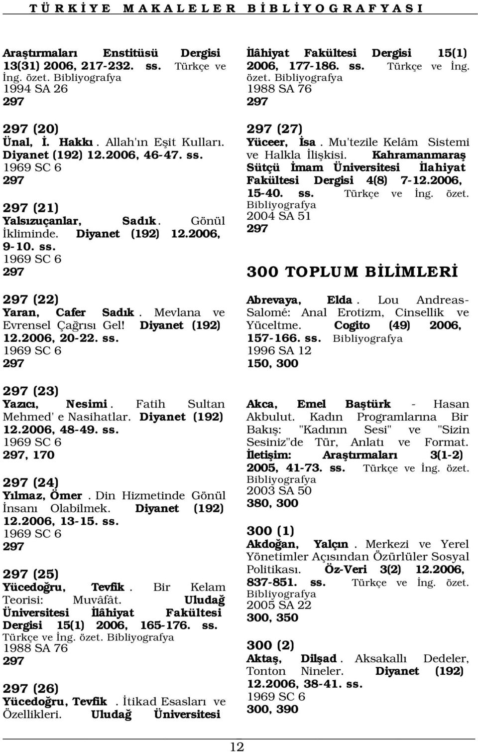 Kahramanmarafl 1969 SC 6 Sütçü mam Üniversitesi lahiyat 297 Fakültesi Dergisi 4(8) 7-12.2006, 15-40. ss. Türkçe ve ng. özet. 297 (21) Yals zuçanlar, Sad k. Gönül kliminde. Diyanet (192) 12.2006, 9-10.