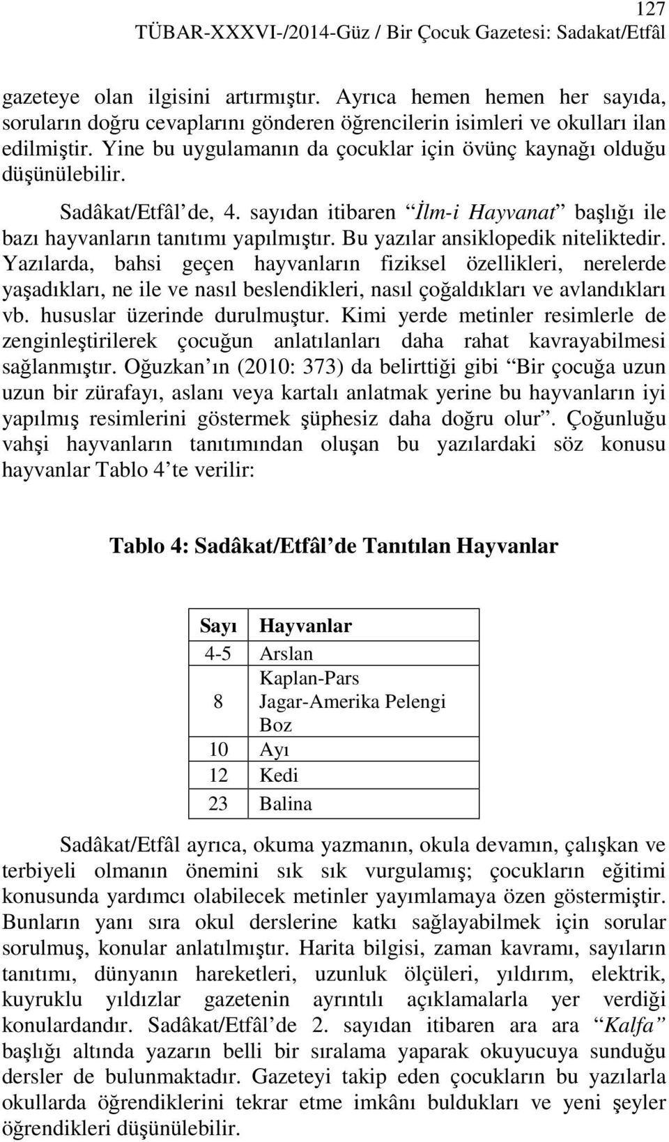 Sadâkat/Etfâl de, 4. sayıdan itibaren Đlm-i Hayvanat başlığı ile bazı hayvanların tanıtımı yapılmıştır. Bu yazılar ansiklopedik niteliktedir.