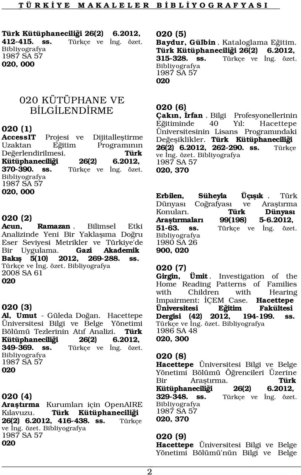 1987 SA 57 020 020 KÜTÜPHANE VE B LG LEND RME 020 (1) AccessIT Projesi ve Dijitallefltirme Uzaktan E itim Program n n De erlendirilmesi. Türk Kütüphanecili i 26(2) 6.2012, 370-390. ss. Türkçe ve ng.