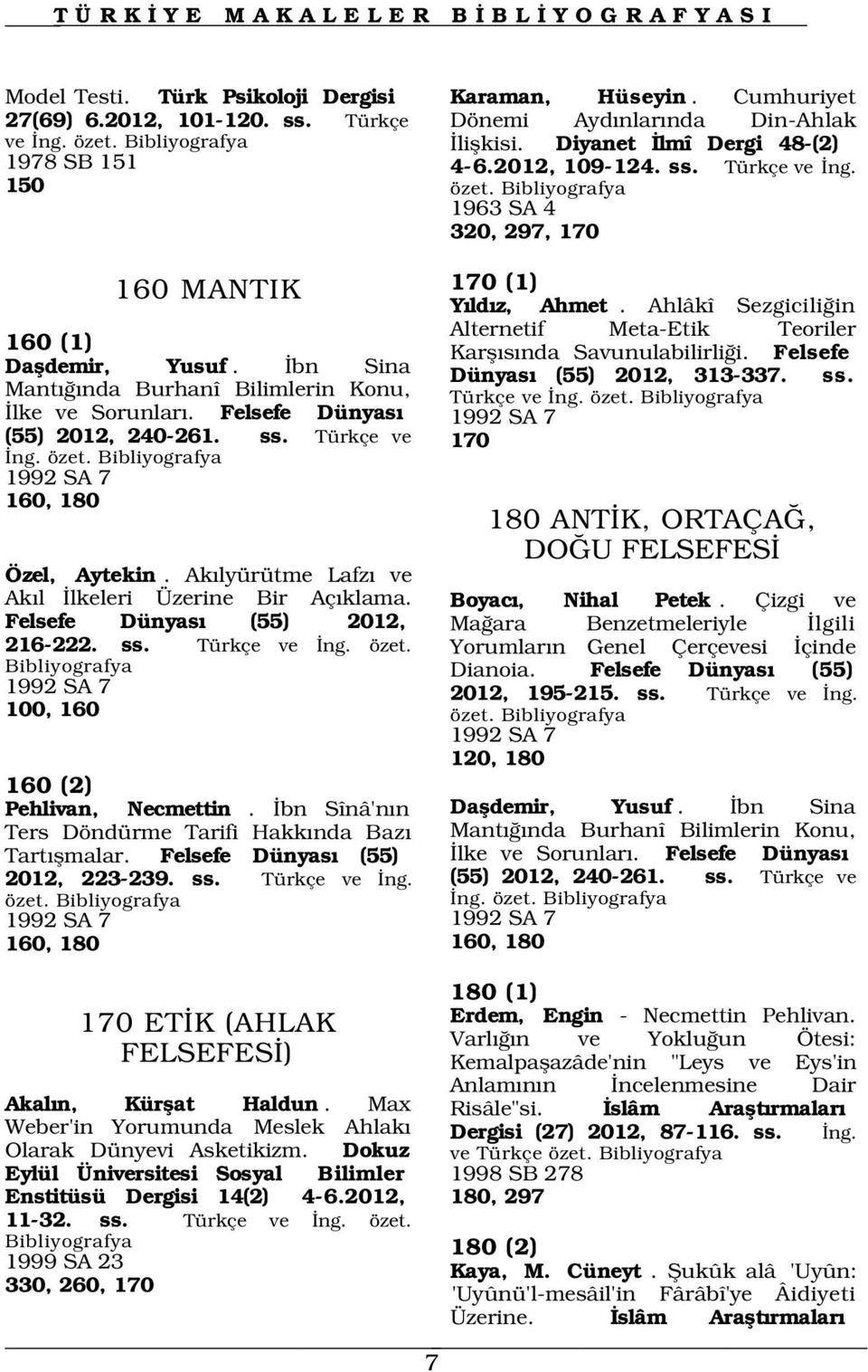 bn Sînâ'n n Ters Döndürme Tarifi Hakk nda Baz Tart flmalar. Felsefe Dünyas (55) 2012, 223-239. ss. Türkçe ve ng. özet. 1992 SA 7 160, 180 170 ET K (AHLAK FELSEFES ) Akal n, Kürflat Haldun.