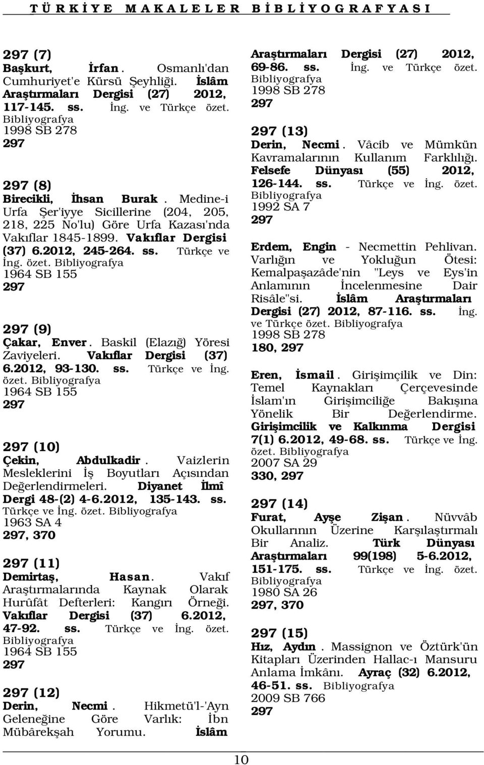 Vak flar Dergisi (37) 6.2012, 245-264. ss. Türkçe ve ng. özet. 1964 SB 155 297 Felsefe Dünyas (55) 2012, 126-144. ss. Türkçe ve ng. özet. 1992 SA 7 297 297 (9) 1998 SB 278 Çakar, Enver.