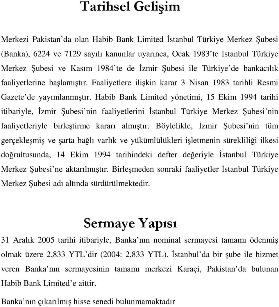 Habib Bank Limited yönetimi, 15 Ekim 1994 tarihi itibariyle, İzmir Şubesi nin faaliyetlerini İstanbul Türkiye Merkez Şubesi nin faaliyetleriyle birleştirme kararı almıştır.