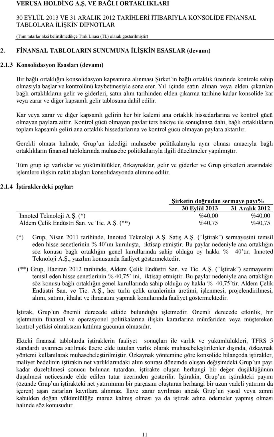 Yıl içinde satın alınan veya elden çıkarılan bağlı ortaklıkların gelir ve giderleri, satın alım tarihinden elden çıkarma tarihine kadar konsolide kar veya zarar ve diğer kapsamlı gelir tablosuna