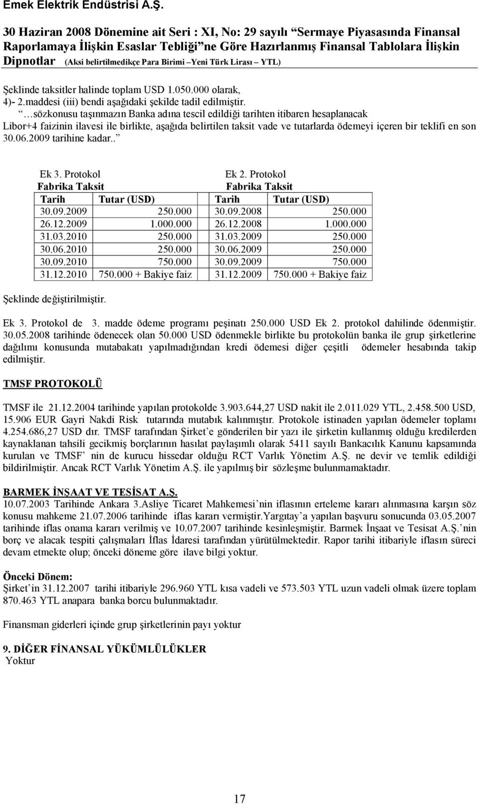 30.06.2009 tarihine kadar.. Ek 3. Protokol Ek 2. Protokol Fabrika Taksit Fabrika Taksit Tarih Tutar (USD) Tarih Tutar (USD) 30.09.2009 250.000 30.09.2008 250.000 26.12.2009 1.000.000 26.12.2008 1.000.000 31.