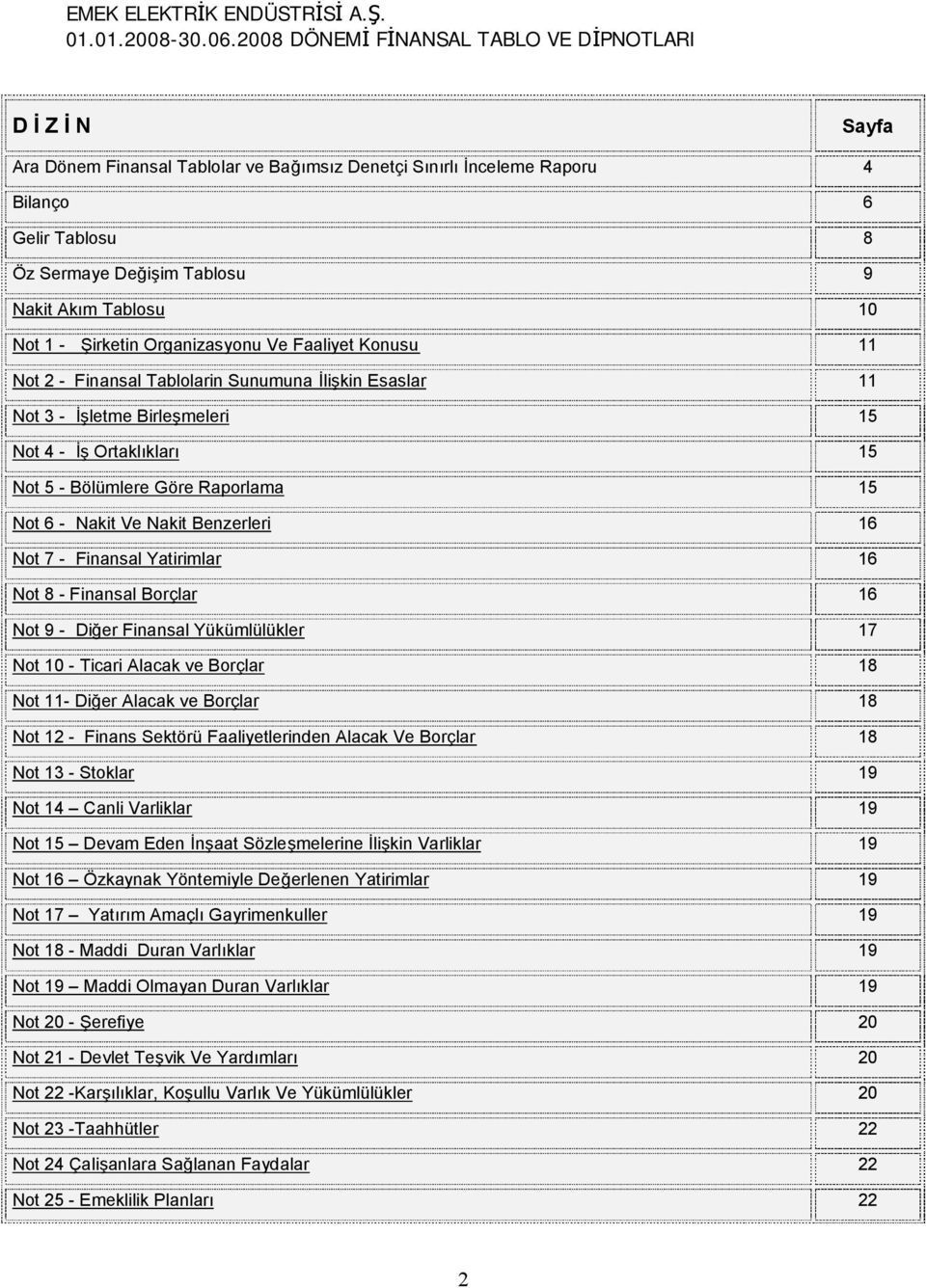 Tablosu 10 Not 1 - Şirketin Organizasyonu Ve Faaliyet Konusu 11 Not 2 - Finansal Tablolarin Sunumuna İlişkin Esaslar 11 Not 3 - İşletme Birleşmeleri 15 Not 4 - İş Ortaklıkları 15 Not 5 - Bölümlere