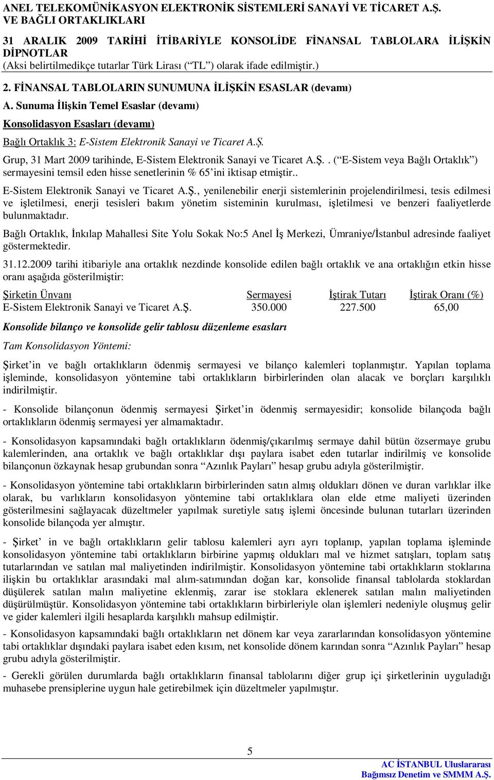 Bağlı Ortaklık, İnkılap Mahallesi Site Yolu Sokak No:5 Anel İş Merkezi, Ümraniye/İstanbul adresinde faaliyet göstermektedir. 31.12.