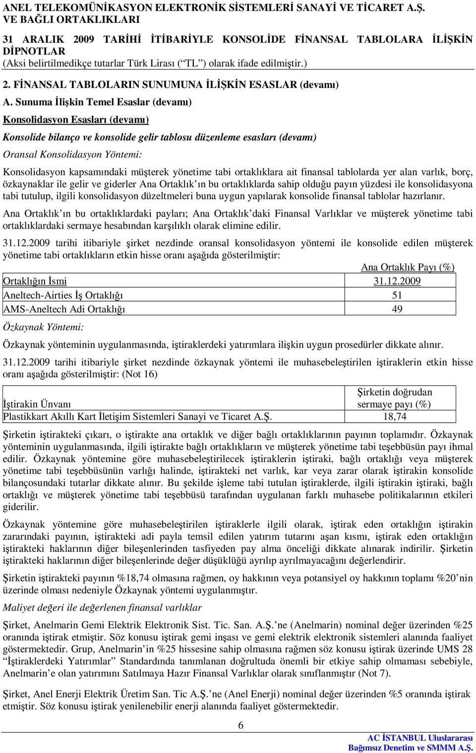 kapsamındaki müşterek yönetime tabi ortaklıklara ait finansal tablolarda yer alan varlık, borç, özkaynaklar ile gelir ve giderler Ana Ortaklık ın bu ortaklıklarda sahip olduğu payın yüzdesi ile