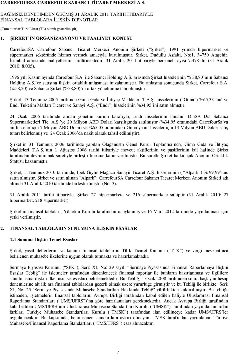 1996 yılı Kasım ayında Carrefour S.A. ile Sabancı Holding A.Ş. arasında Şirket hisselerinin % 38,80 inin Sabancı Holding A.Ş. ye satışına ilişkin ortaklık anlaşması imzalanmıştır.