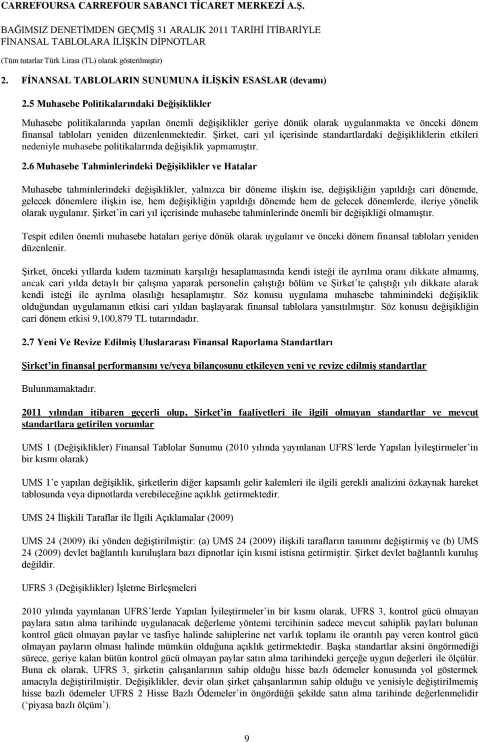 Şirket, cari yıl içerisinde standartlardaki değişikliklerin etkileri nedeniyle muhasebe politikalarında değişiklik yapmamıştır. 2.