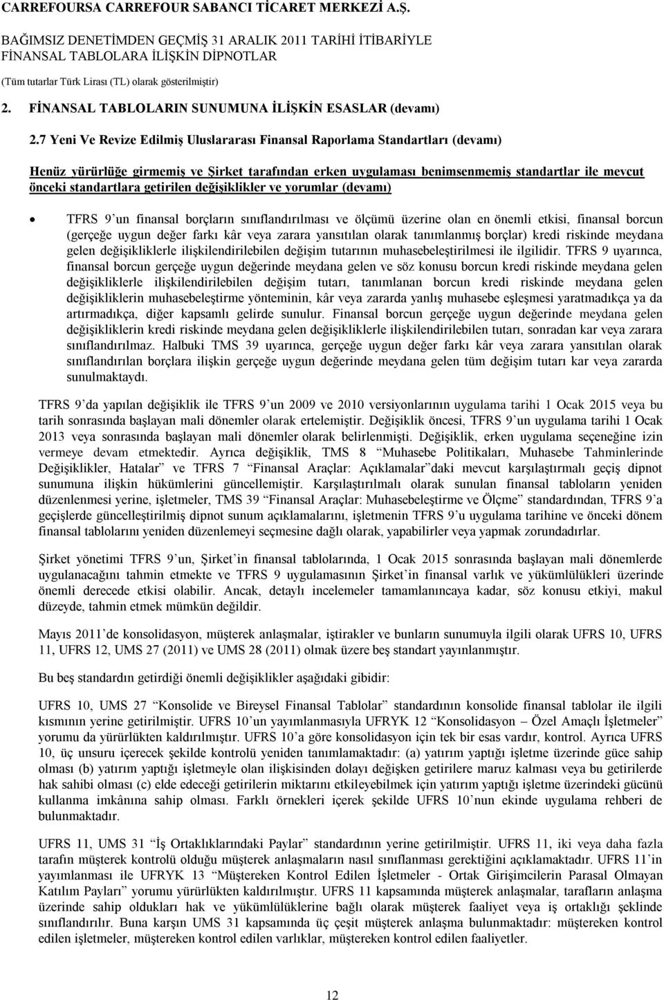 getirilen değişiklikler ve yorumlar (devamı) TFRS 9 un finansal borçların sınıflandırılması ve ölçümü üzerine olan en önemli etkisi, finansal borcun (gerçeğe uygun değer farkı kâr veya zarara