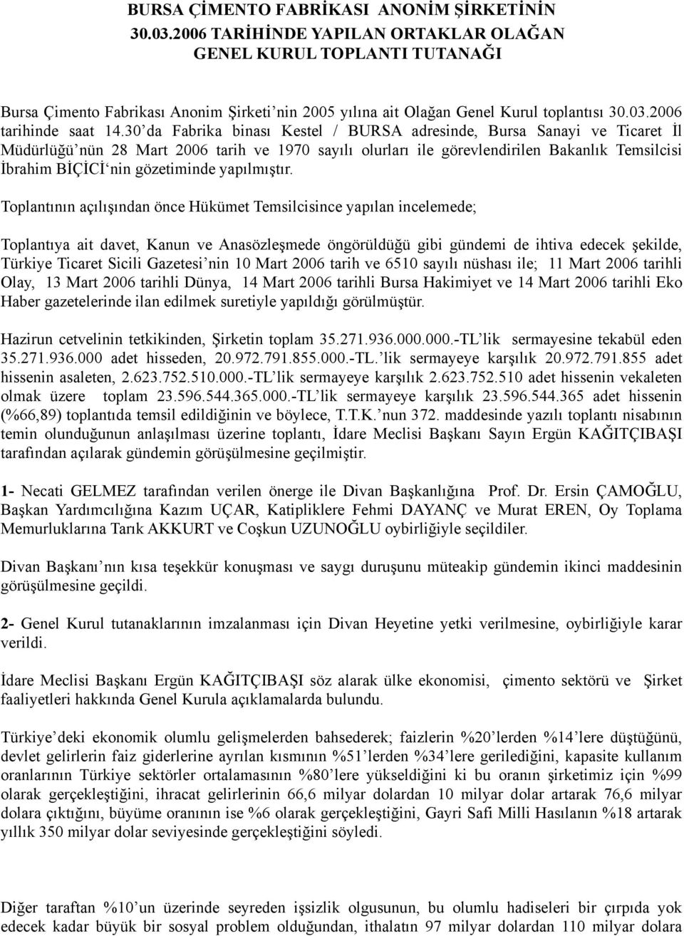 30 da Fabrika binası Kestel / BURSA adresinde, Bursa Sanayi ve Ticaret İl Müdürlüğü nün 28 Mart 2006 tarih ve 1970 sayılı olurları ile görevlendirilen Bakanlık Temsilcisi İbrahim BİÇİCİ nin