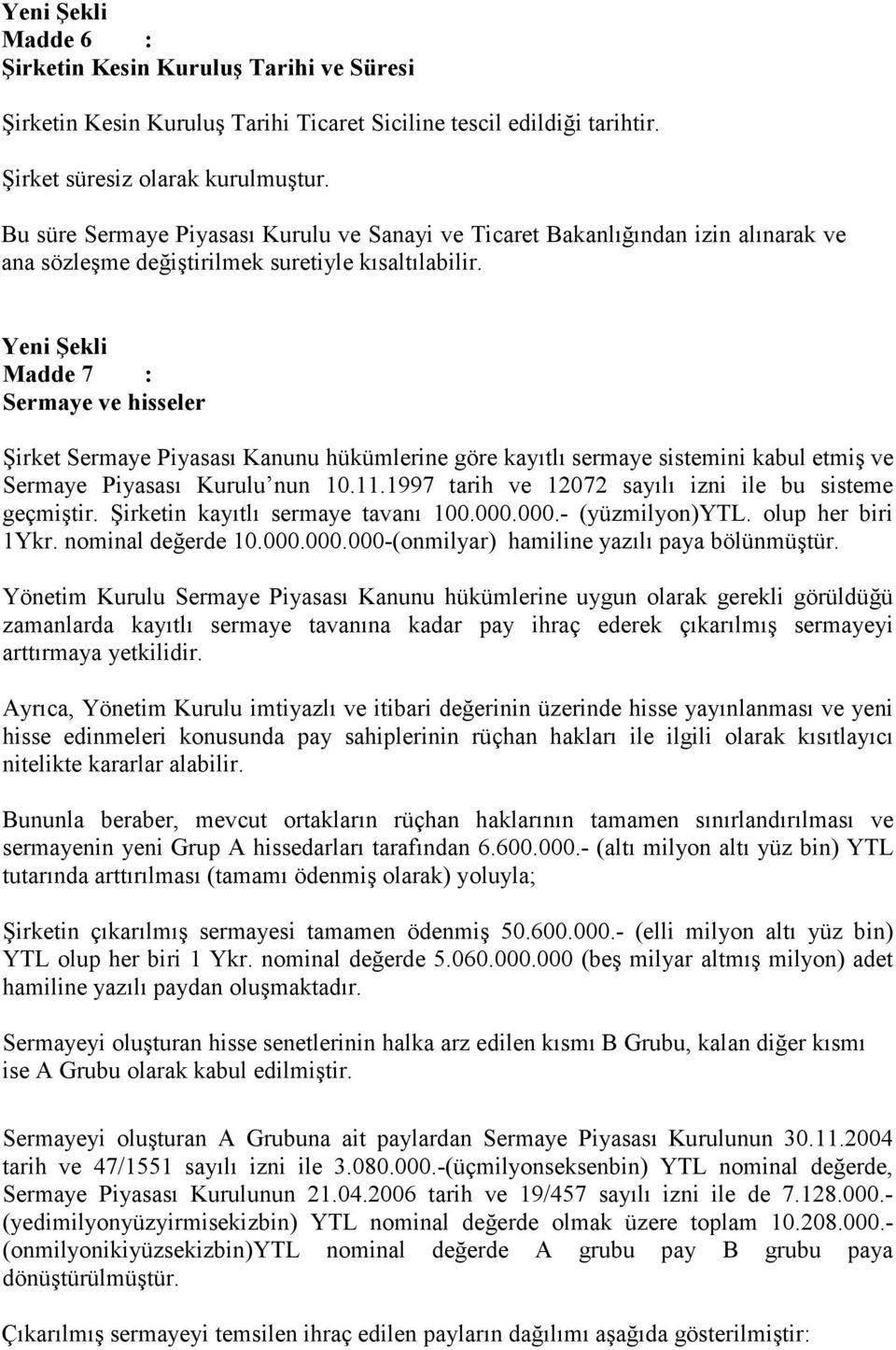 Madde 7 : Sermaye ve hisseler Şirket Sermaye Piyasası Kanunu hükümlerine göre kayıtlı sermaye sistemini kabul etmiş ve Sermaye Piyasası Kurulu nun 10.11.