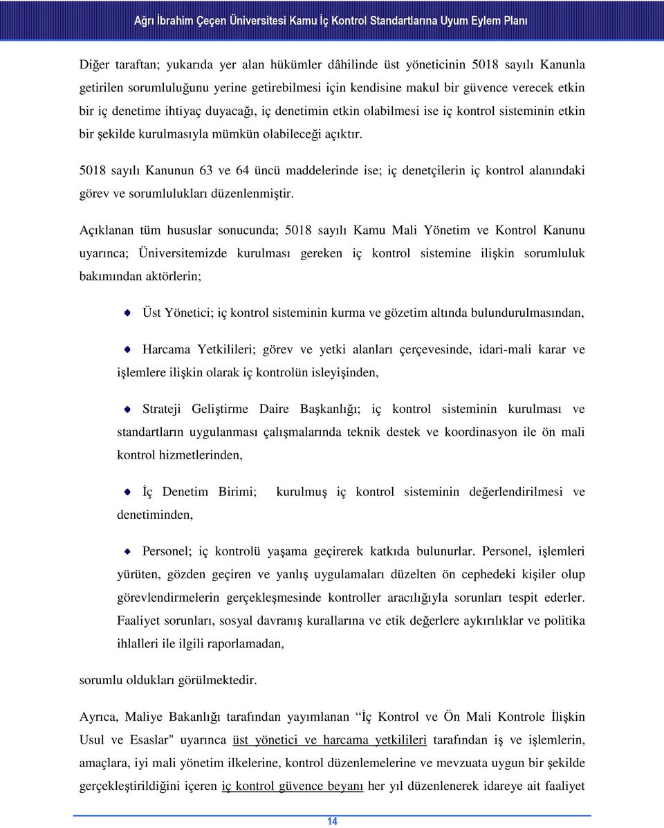 olabileceği açıktır. 5018 sayılı Kanunun 63 ve 64 üncü maddelerinde ise; iç denetçilerin iç kontrol alanındaki görev ve sorumlulukları düzenlenmiştir.