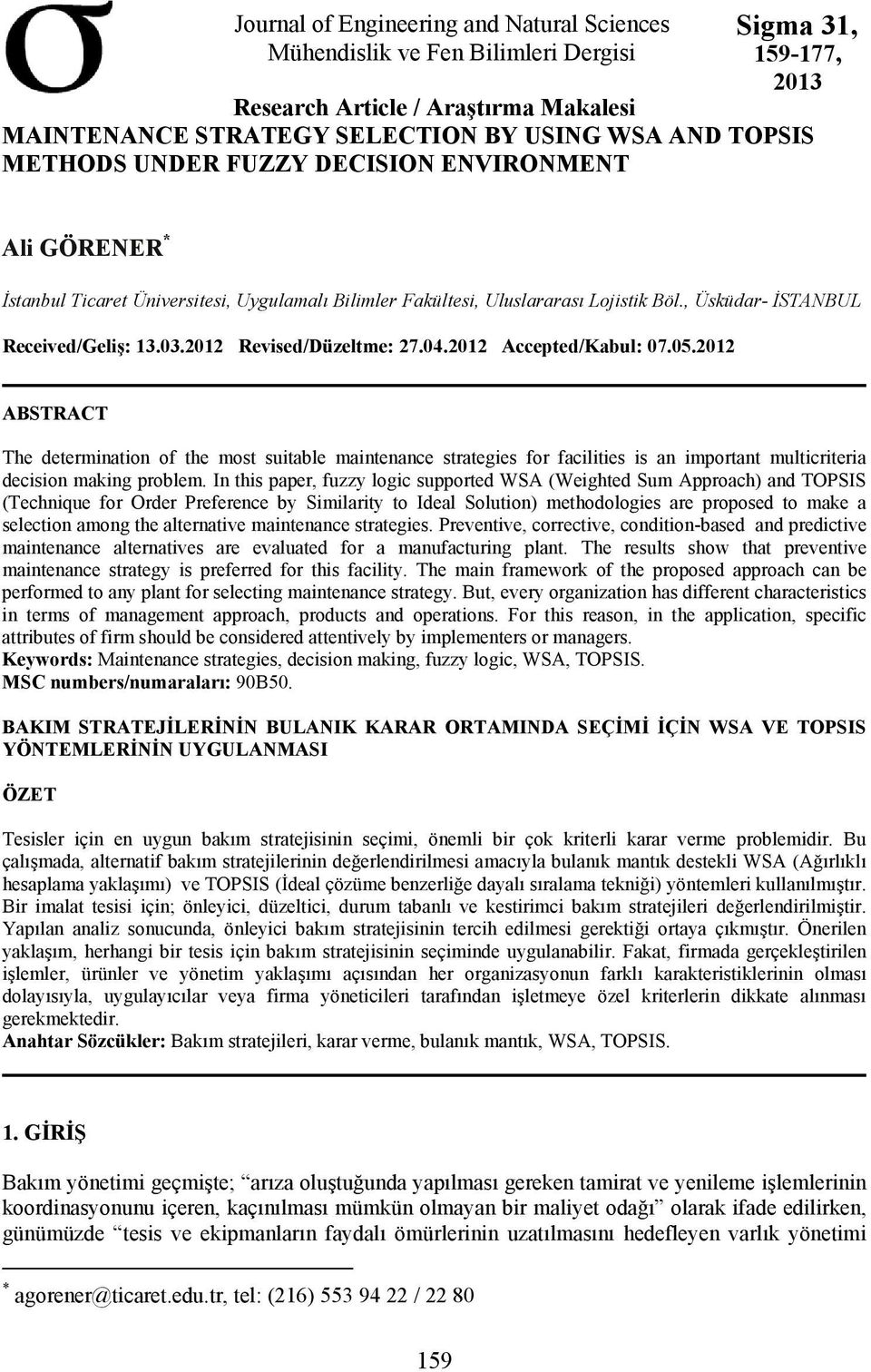 2012 Revised/Düzeltme: 27.04.2012 Accepted/Kabul: 07.05.