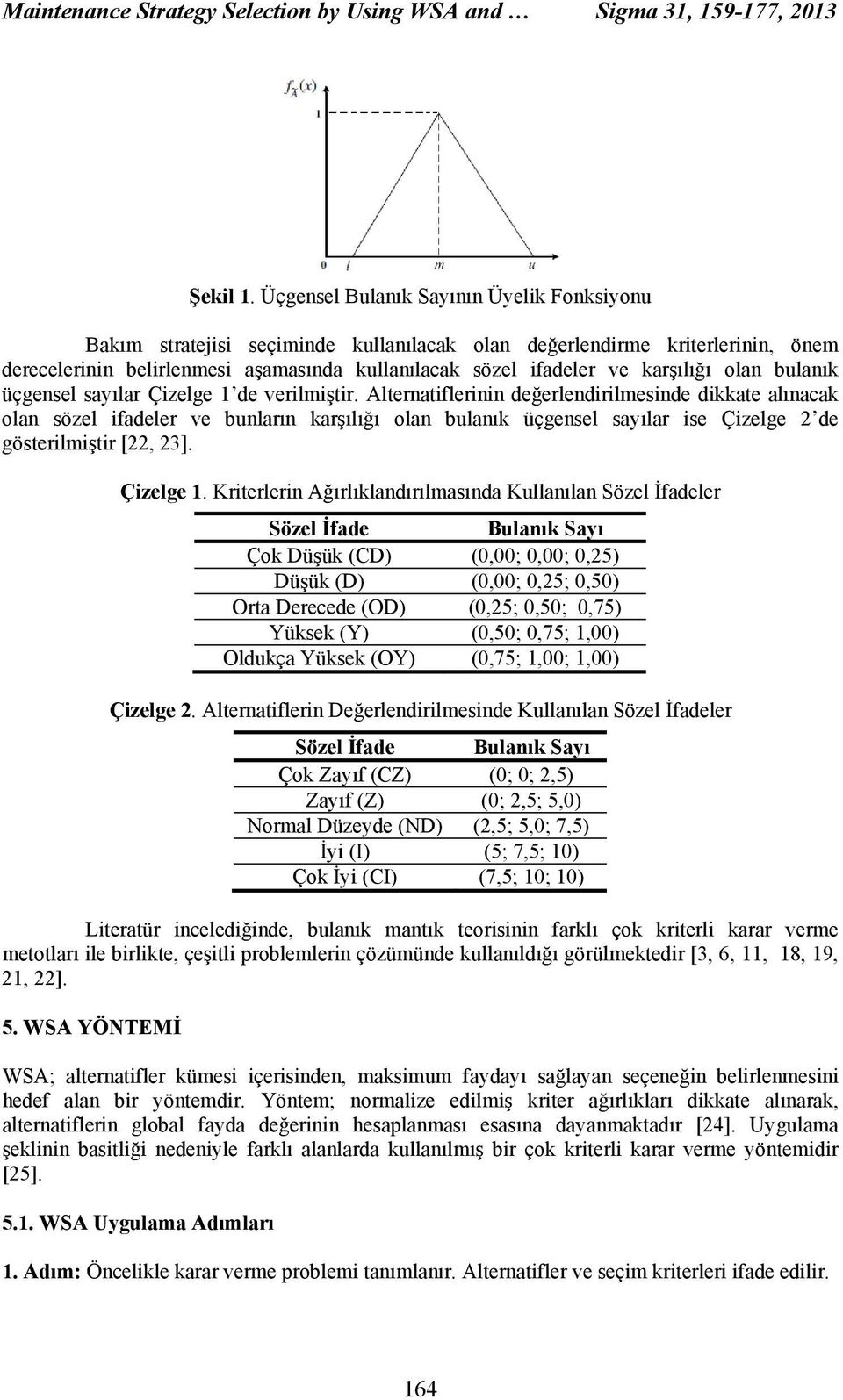 bulanık üçgensel sayılar Çizelge 1 de verilmiştir.