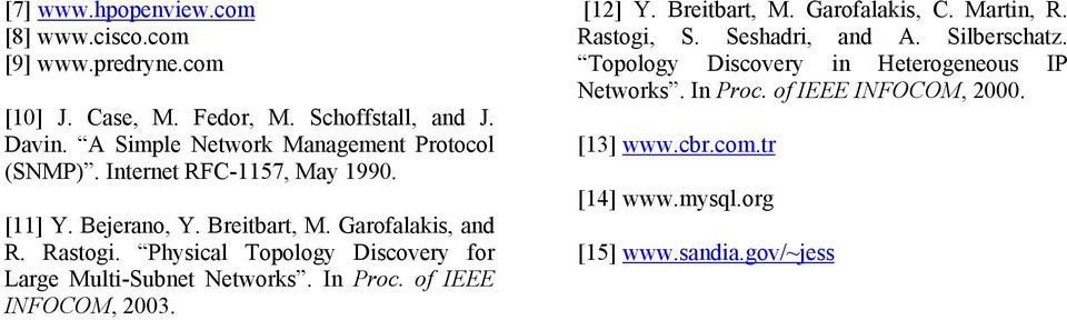 Physcal Topology Dscovery for Large Mult-ubnet Networks. In Proc. of IEEE INFOCOM, 2003. [12] Y. Bretbart, M. Garofalaks, C. Martn, R.