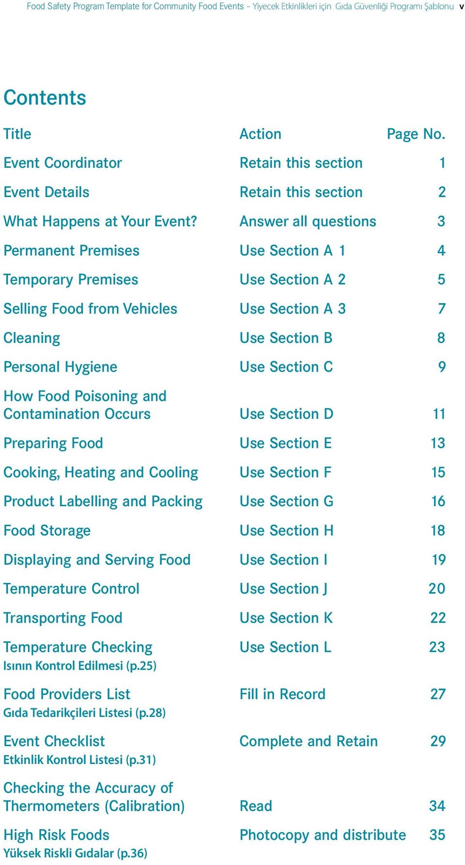 Answer all questions 3 Permanent Premises Use Section A 1 4 Temporary Premises Use Section A 2 5 Selling Food from Vehicles Use Section A 3 7 Cleaning Use Section B 8 Personal Hygiene Use Section C 9