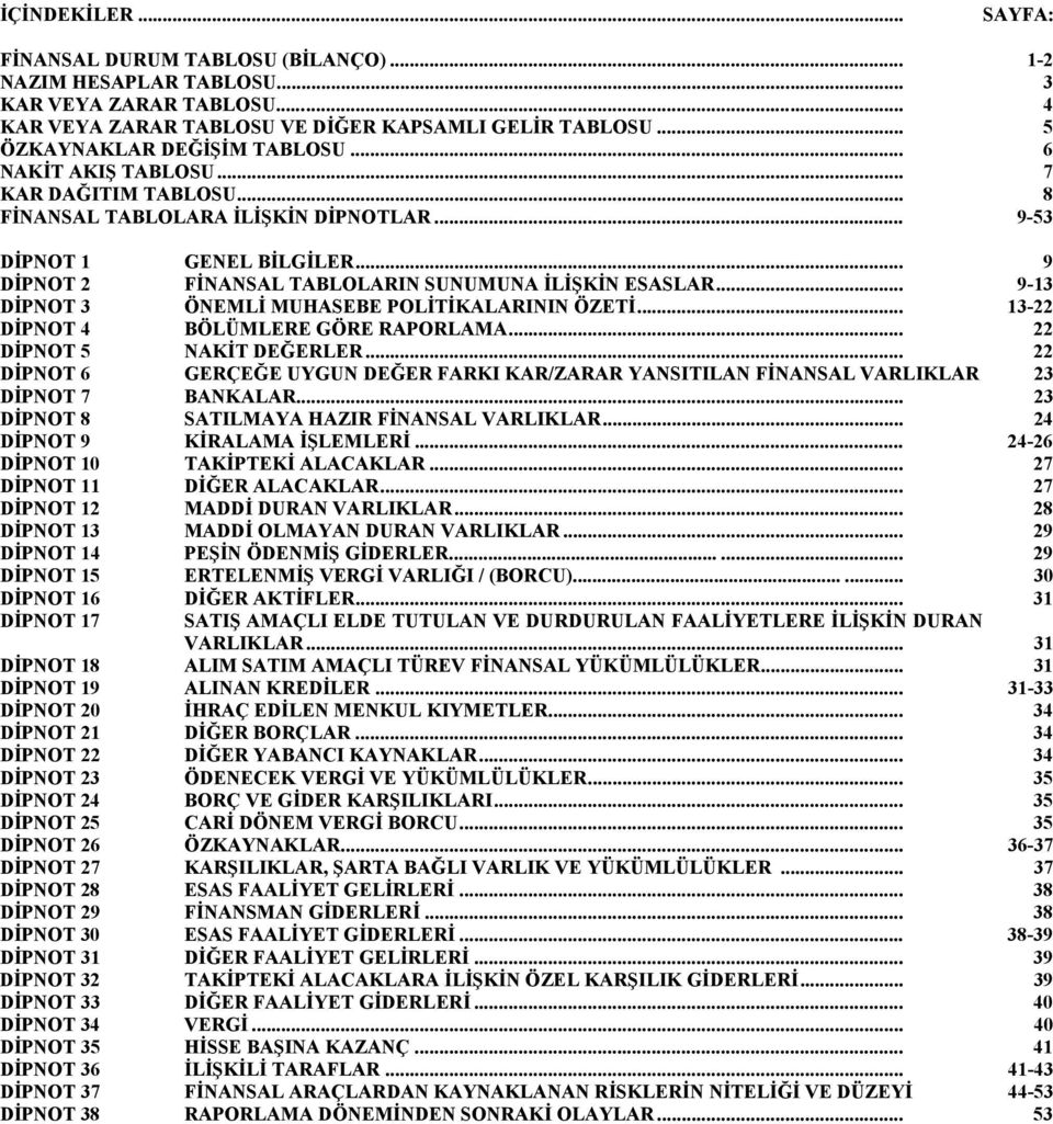 .. 9 DİPNOT 2 FİNANSAL TABLOLARIN SUNUMUNA İLİŞKİN ESASLAR... 9-13 DİPNOT 3 ÖNEMLİ MUHASEBE POLİTİKALARININ ÖZETİ... 13-22 DİPNOT 4 BÖLÜMLERE GÖRE RAPORLAMA... 22 DİPNOT 5 NAKİT DEĞERLER.