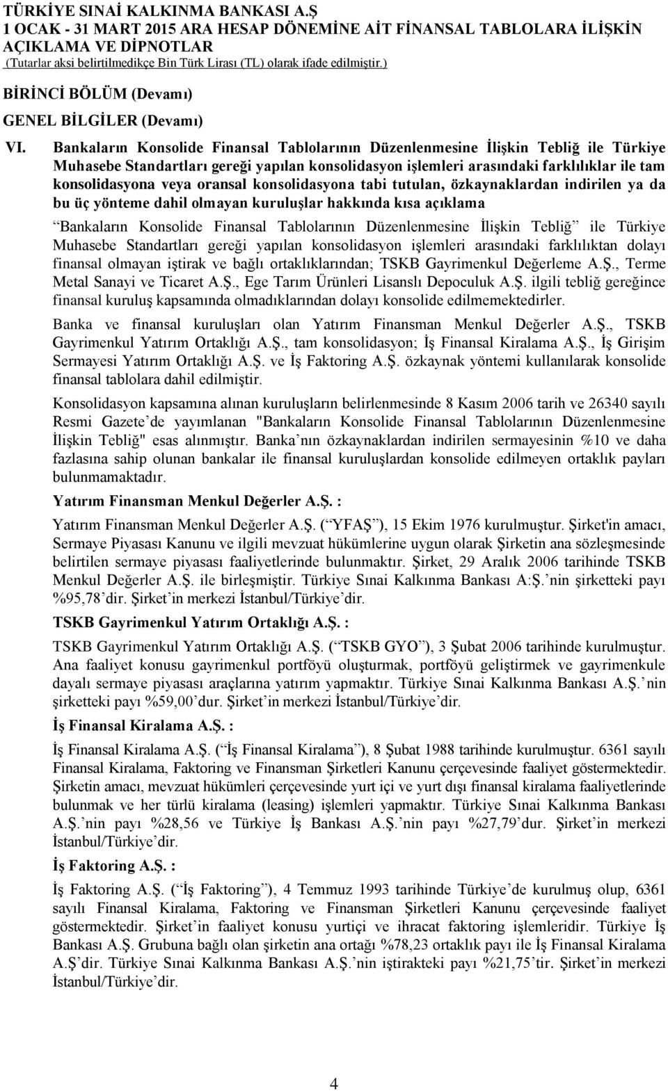 oransal konsolidasyona tabi tutulan, özkaynaklardan indirilen ya da bu üç yönteme dahil olmayan kuruluşlar hakkında kısa açıklama Bankaların Konsolide Finansal Tablolarının Düzenlenmesine İlişkin