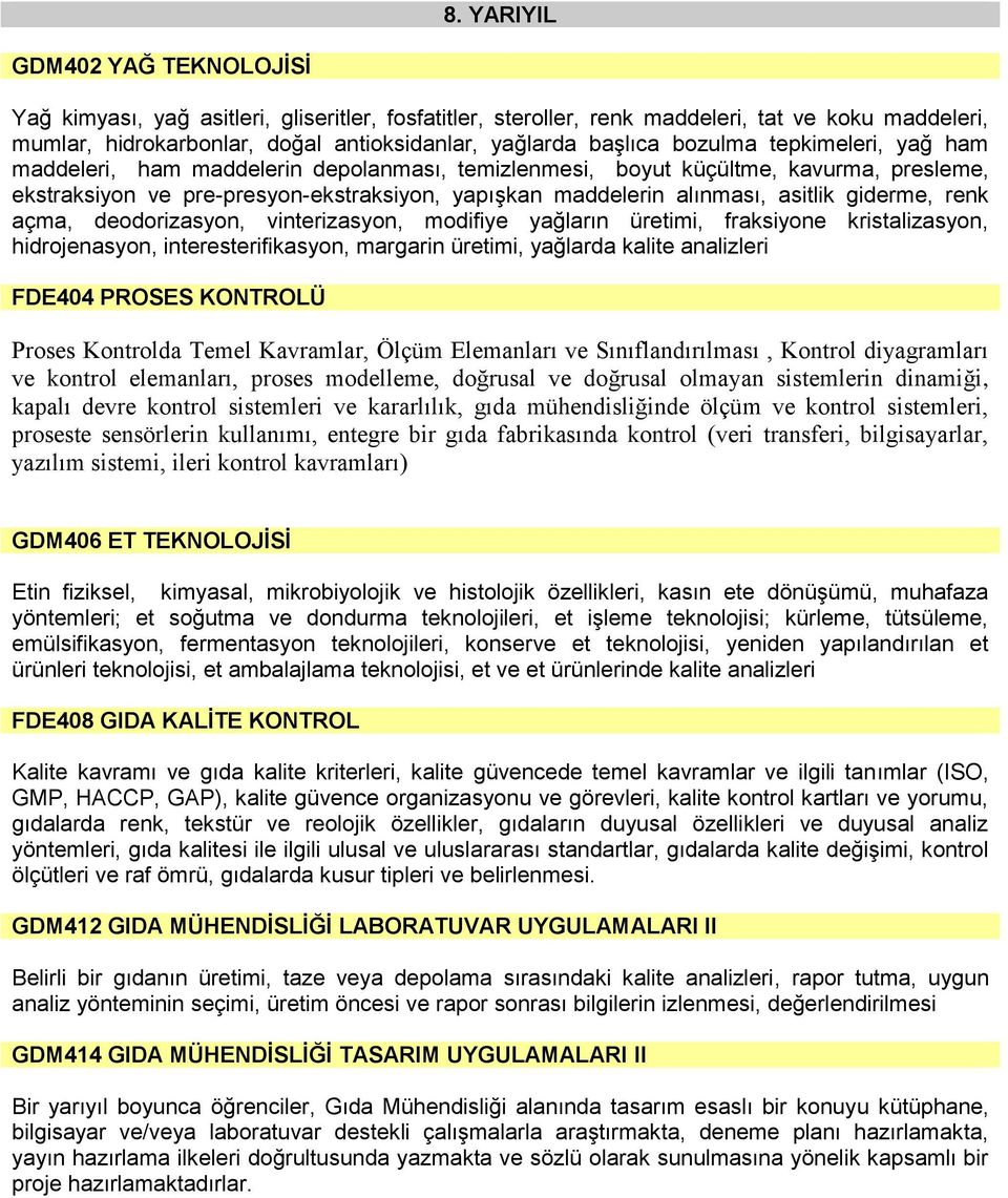 giderme, renk açma, deodorizasyon, vinterizasyon, modifiye yağların üretimi, fraksiyone kristalizasyon, hidrojenasyon, interesterifikasyon, margarin üretimi, yağlarda kalite analizleri FDE404 PROSES