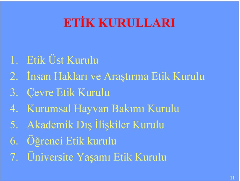 Çevre Etik Kurulu 4. Kurumsal Hayvan Bakımı Kurulu 5.