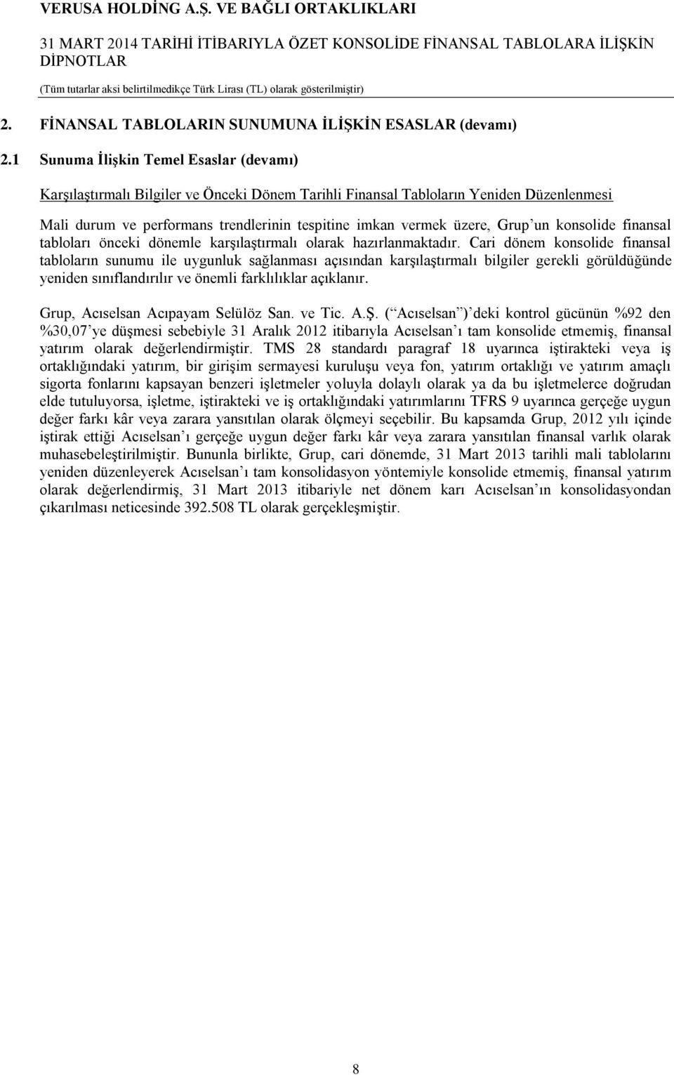 Grup un konsolide finansal tabloları önceki dönemle karşılaştırmalı olarak hazırlanmaktadır.