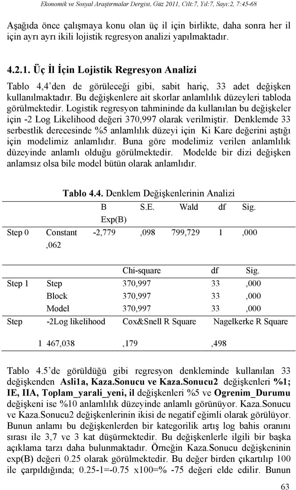 Bu değişkenlere ait skorlar anlamlılık düzeyleri tabloda görülmektedir. Logistik regresyon tahmininde da kullanılan bu değişkeler için -2 Log Likelihood değeri 370,997 olarak verilmiştir.