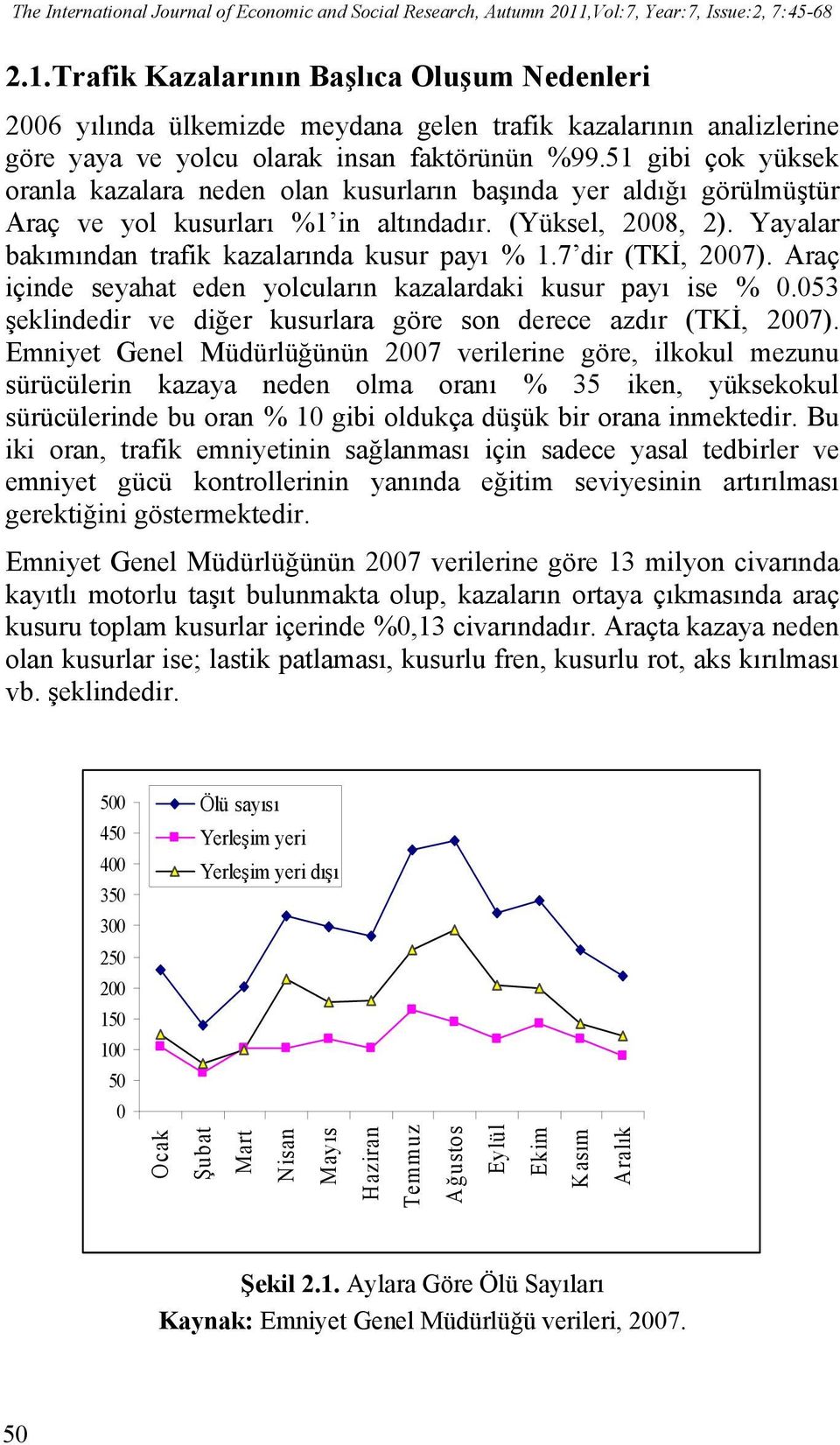 51 gibi çok yüksek oranla kazalara neden olan kusurların başında yer aldığı görülmüştür Araç ve yol kusurları %1 in altındadır. (Yüksel, 2008, 2). Yayalar bakımından trafik kazalarında kusur payı % 1.