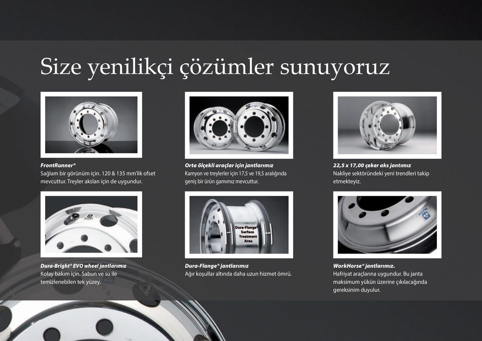 22,5 x 17,00 çeker aks jantımız Nakliye sektöründeki yeni trendleri takip etmekteyiz. Dura-Bright EVO wheel jantlarımız Kolay bakım için.