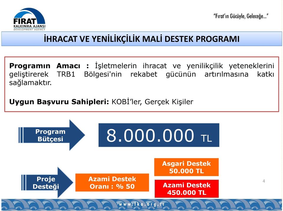 katkı sağlamaktır. Uygun Başvuru Sahipleri: KOBİ ler, Gerçek Kişiler Program Bütçesi 8.000.