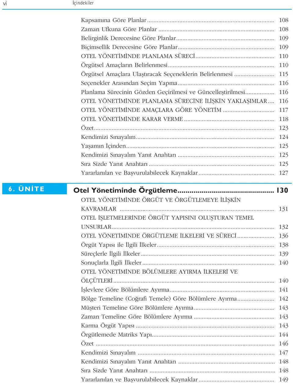 .. 116 Planlama Sürecinin Gözden Geçirilmesi ve Güncellefltirilmesi... 116 OTEL YÖNET M NDE PLANLAMA SÜREC NE L fik N YAKLAfiIMLAR... 116 OTEL YÖNET M NDE AMAÇLARA GÖRE YÖNET M.