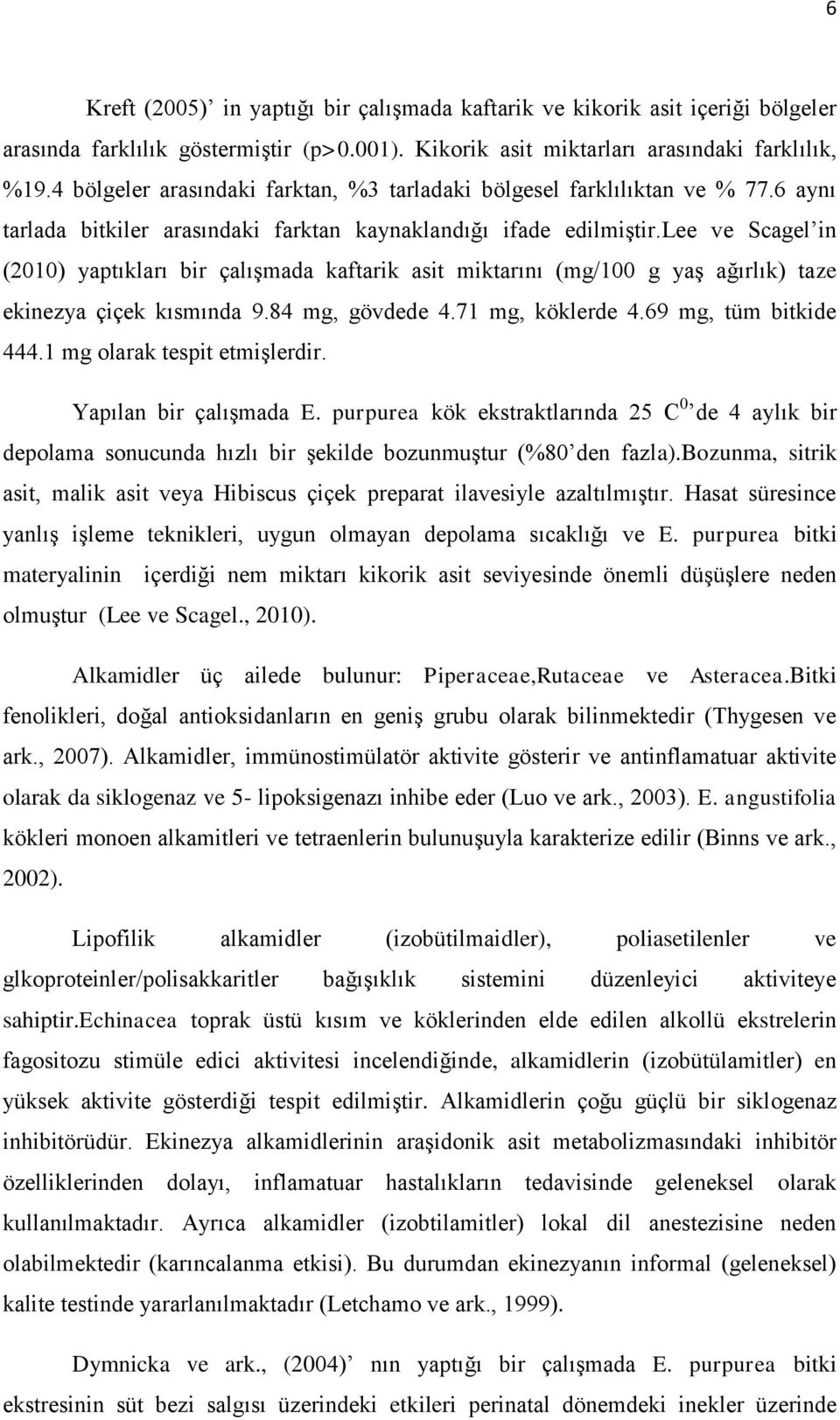 lee ve Scagel in (2010) yaptıkları bir çalışmada kaftarik asit miktarını (mg/100 g yaş ağırlık) taze ekinezya çiçek kısmında 9.84 mg, gövdede 4.71 mg, köklerde 4.69 mg, tüm bitkide 444.