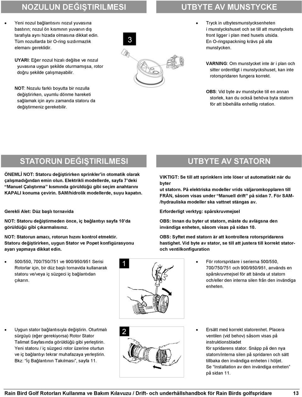 En O-ringspackning krävs på alla munstycken. UYARI: Eğer nozul hizalı değilse ve nozul yuvasına uygun şekilde oturmamışsa, rotor doğru şekilde çalışmayabilir.