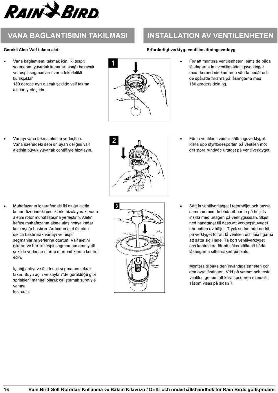 1 För att montera ventilenheten, sätts de båda låsringarna in i ventilinsättningsverktyget med de rundade kanterna vända nedåt och de spårade flikarna på låsringarna med 180 graders delning.