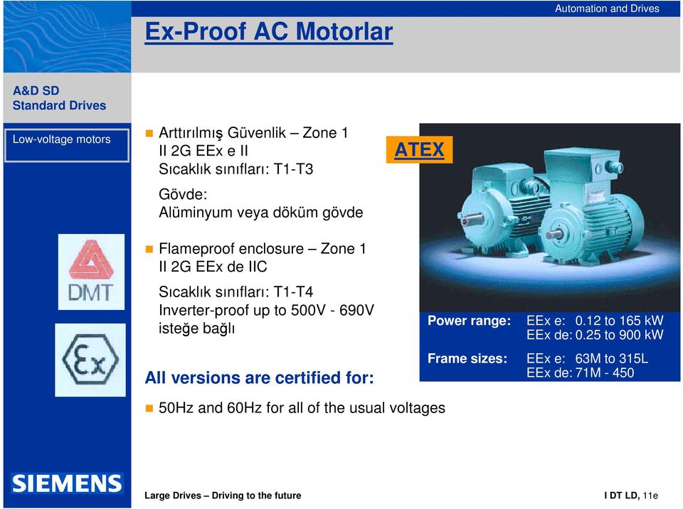 Inverter-proof up to 500V - 690V isteğe bağlı All versions are certified for: Power range: Frame sizes: EEx e: 0.